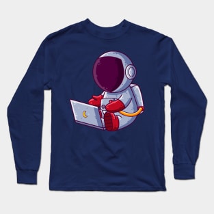 Cute Astronaut Working with Laptop Cartoon Long Sleeve T-Shirt